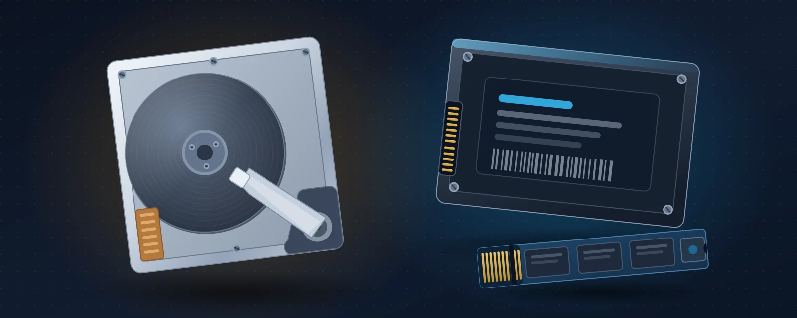 HD com prato e braço de leitura ao lado de um SSD 2,5 polegadas e um SSD M.2