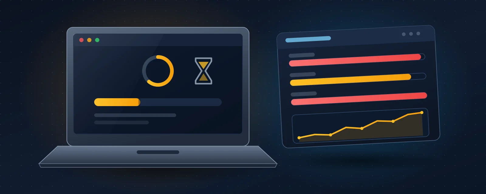 Notebook com barra de progresso travada ao lado de um painel com uso de CPU, memória e disco no limite